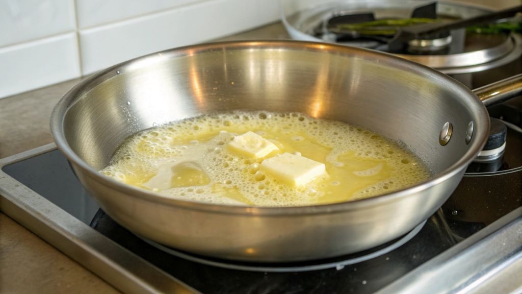 Stainless steel pan on a stovetop with margarine melting, illustrating cooking tips from Beyond the Manual: Margarine Magic for flawless results