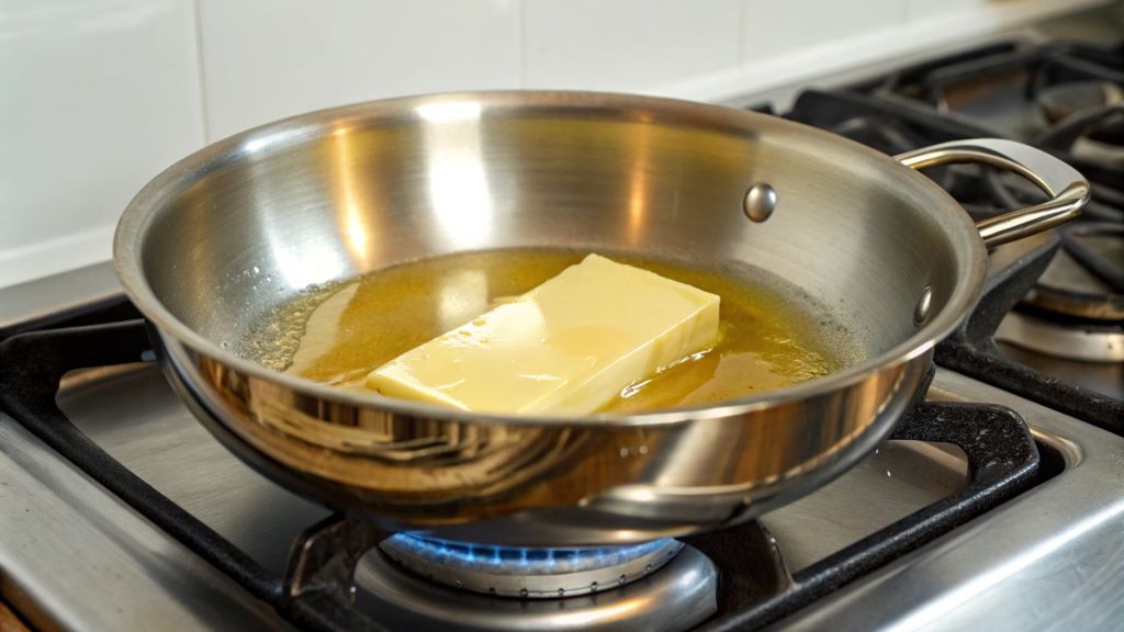 A stainless steel pan on a stove with golden margarine melting, illustrating tips for perfect cooking in stainless steel cookware