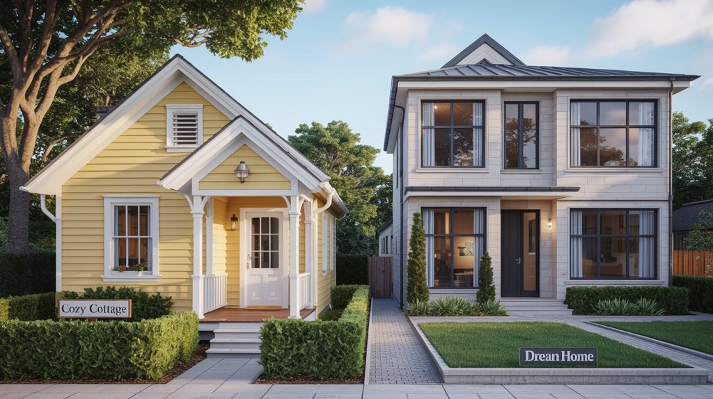 Illustration showing two homes side by side—one modest and budget-friendly, the other luxurious—representing renovation ideas suitable for any budget.