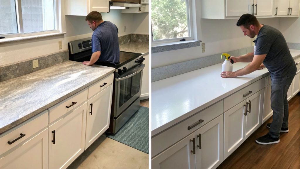 Step-by-step process of painting laminate countertops for a stunning, modern kitchen makeover