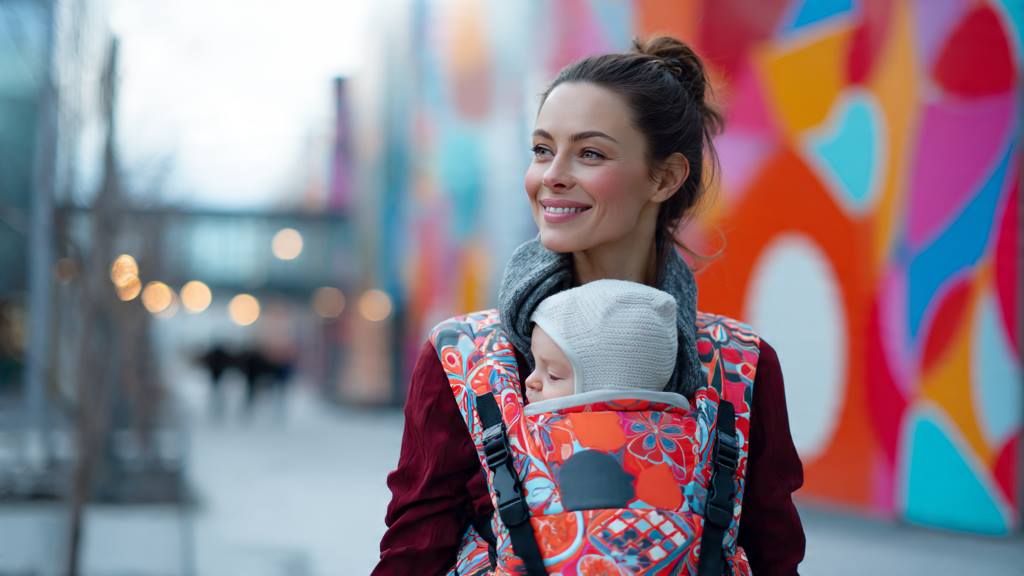Stylish mom using supportive baby carrier for newborns on city walk with vibrant patterns