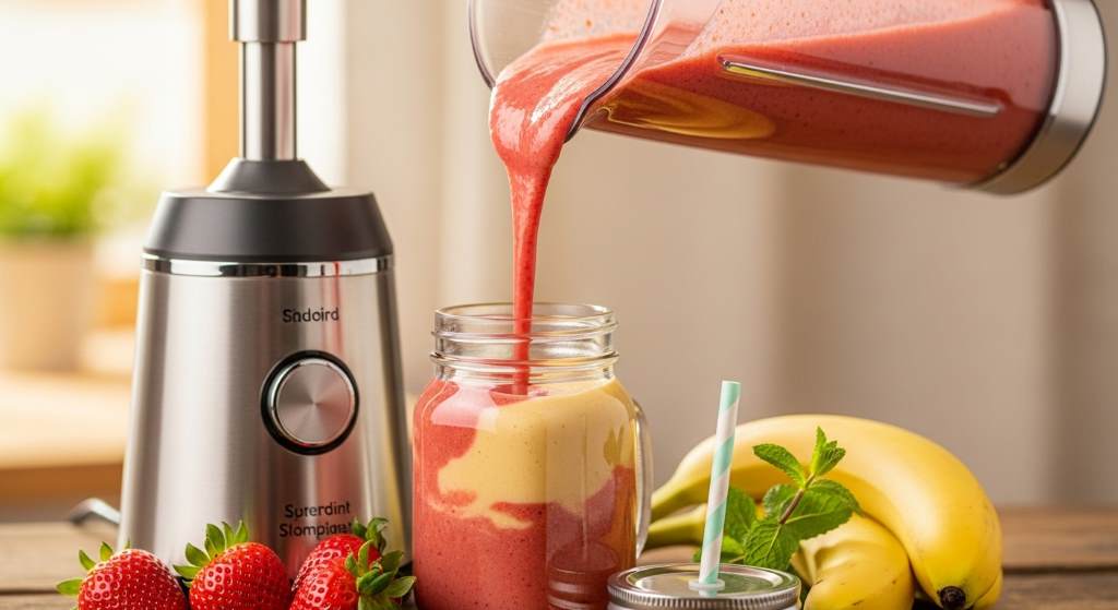 Vibrant strawberry banana smoothie poured from a cordless blender into a glass jar.