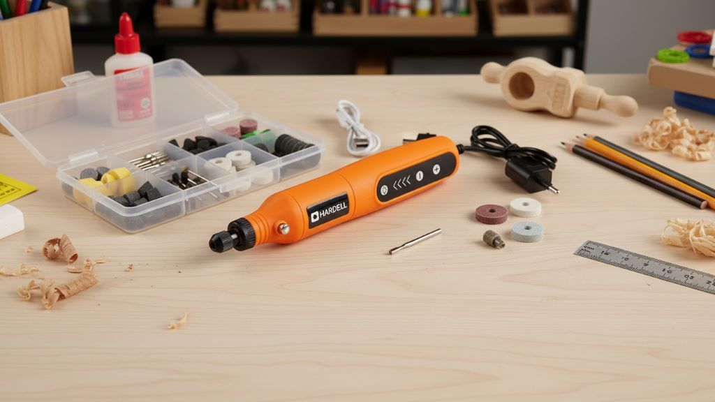 HARDELL 4V cordless rotary tool kit on a craft desk with accessories