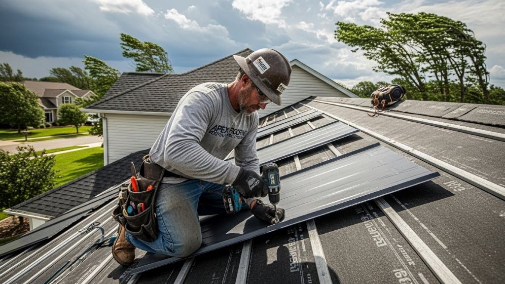 Professional roofing contractor installing impact-resistant metal roofing panels designed to withstand high wind speeds and severe weather