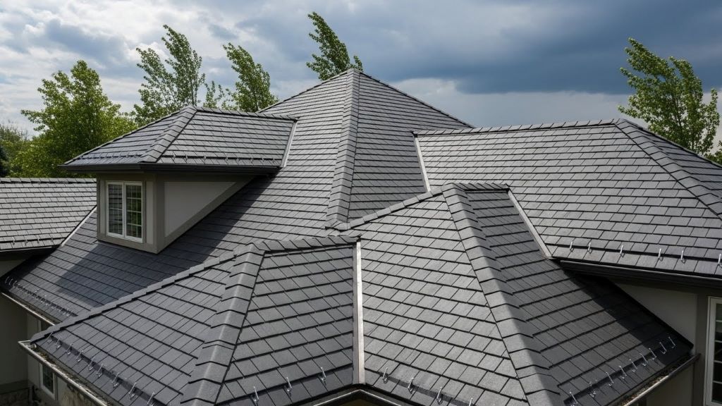 Wind-resistant asphalt shingles installed on residential roof with enhanced fastening system protecting against storm damage