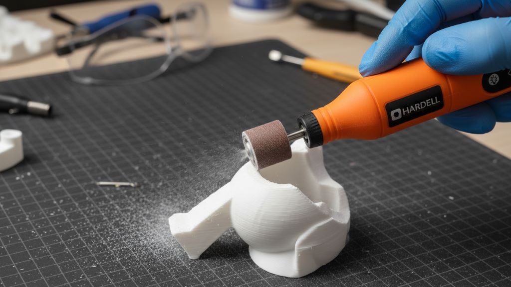 Sanding a 3D printed part with a rotary tool sanding drum