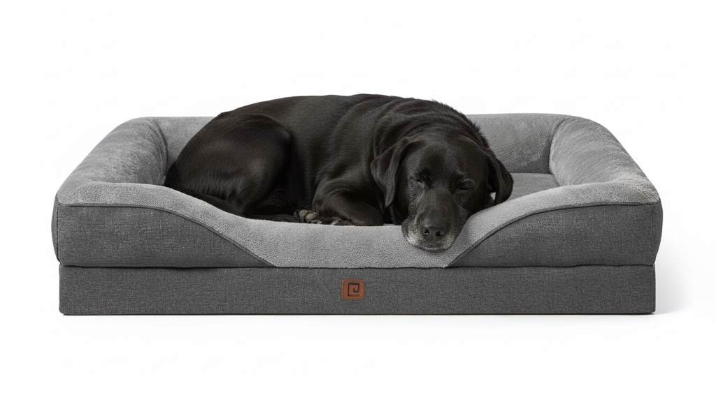 Cozy orthopedic dog bed with memory foam supporting a senior Labrador resting peacefully