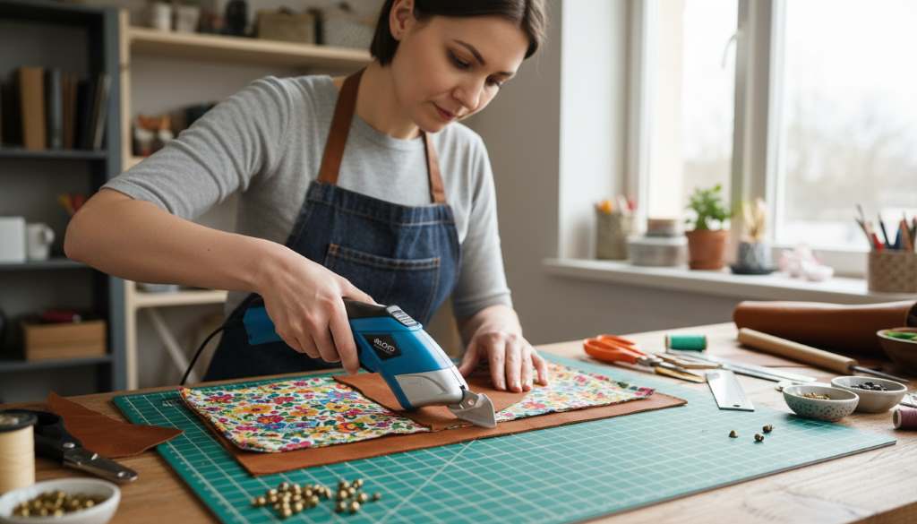 Crafter comfortably holding VLOXO electric scissors while working on a leather and fabric mixed-media craft piece