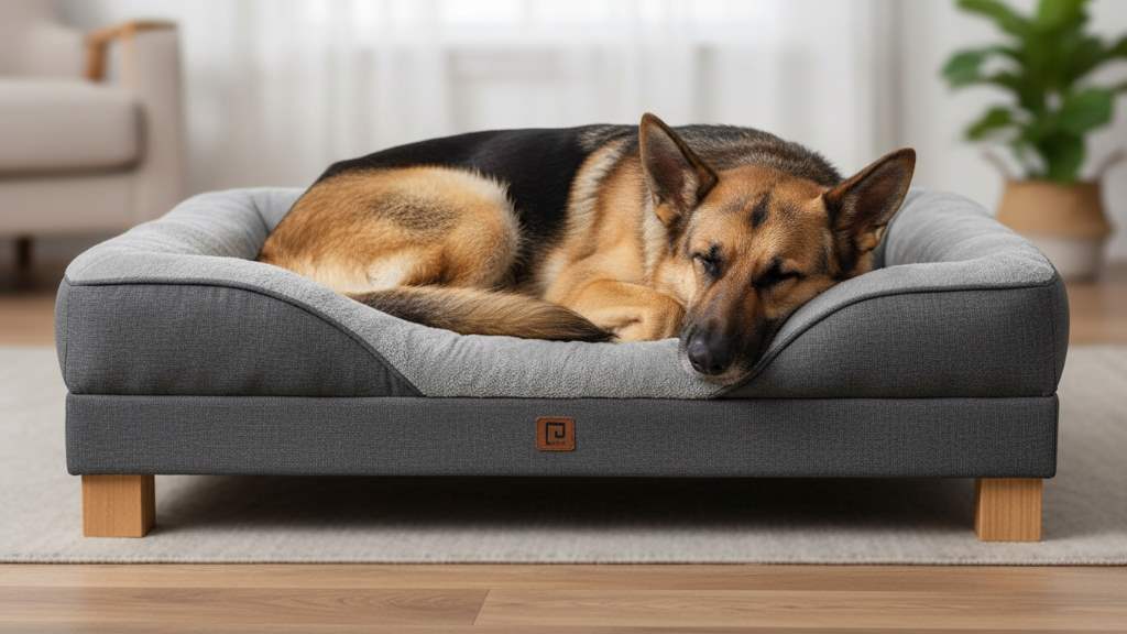 Elevated bolstered pet bed designed for joint relief showing a German Shepherd curled up comfortably