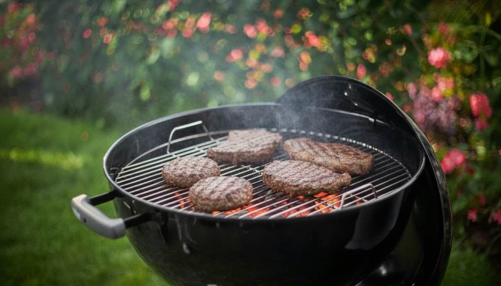 Weber Original Kettle 22-inch charcoal grill loaded with burgers and steaks over glowing coals during a backyard cookout