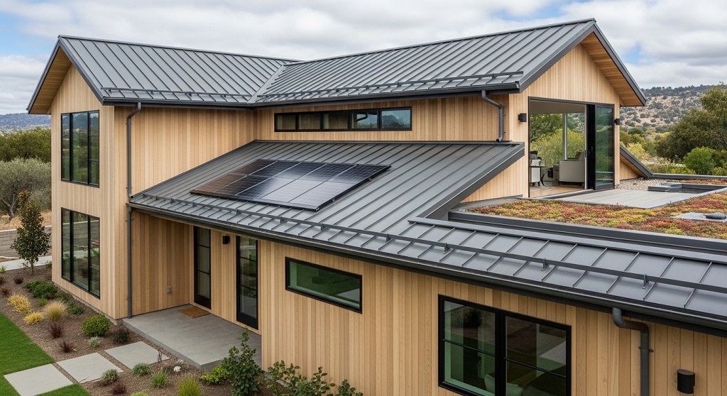 Modern home with standing seam metal roofing design
