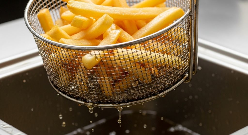 Golden crispy french fries being lifted from self-filtering deep fryer basket demonstrating perfectly cooked results from filtered oil