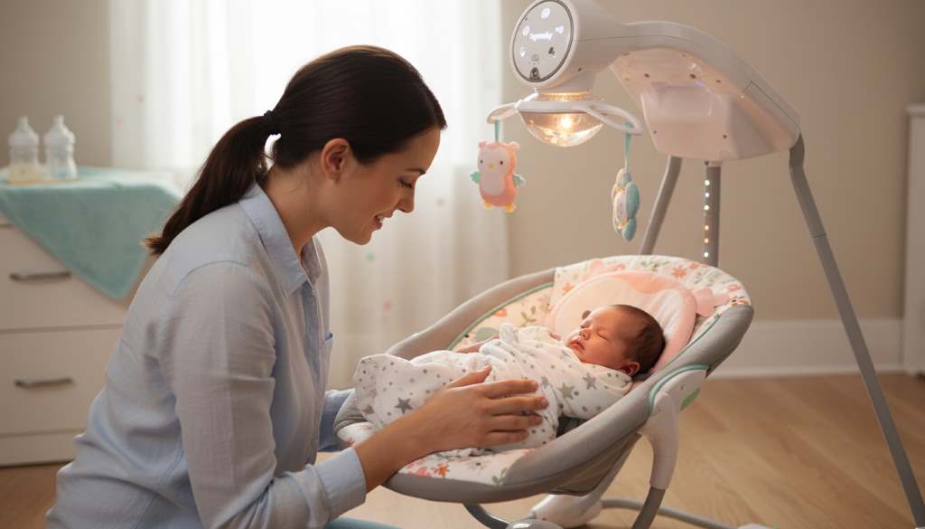 Parent placing newborn in a feature-rich baby swing with integrated lights, music, and gentle motion