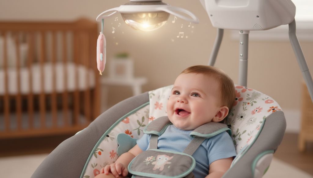 Smiling infant relaxing in a modern baby swing with soft glowing lights and musical mobile overhead