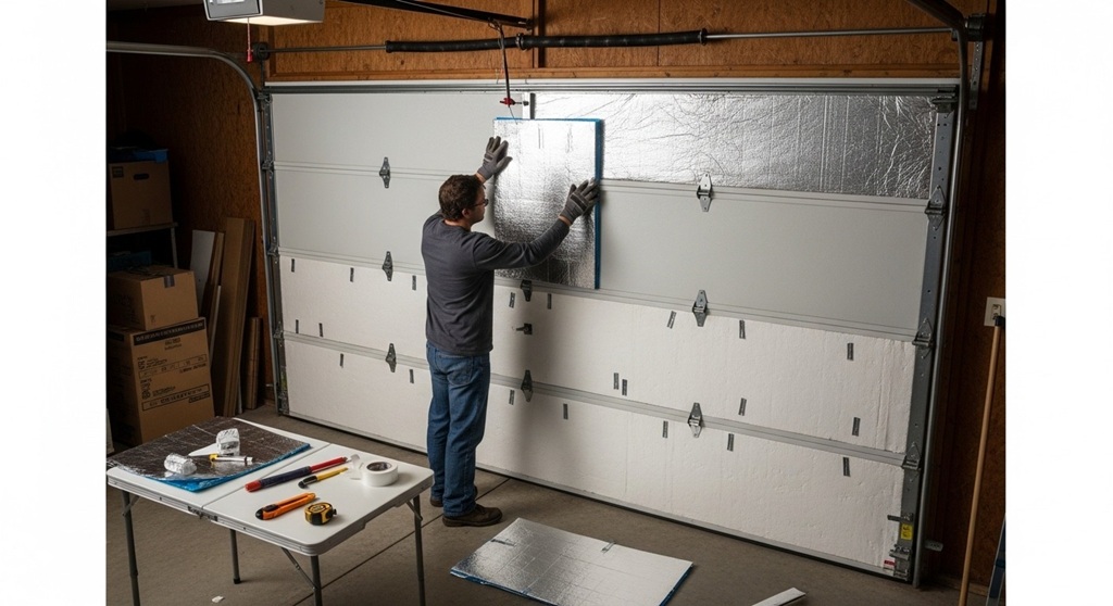 DIY foam board insulation installed on a garage door panel
