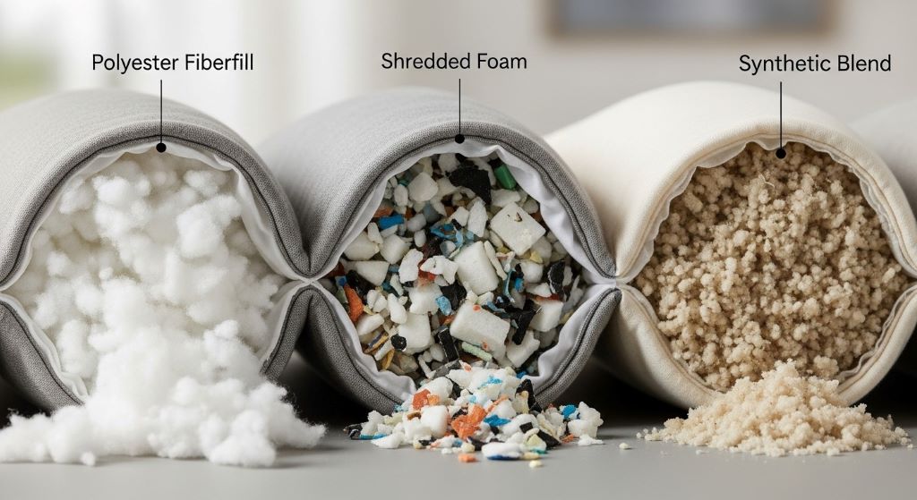 Close-up comparison of different pillow fill materials including polyester fiberfill and shredded foam demonstrating budget-friendly pillow construction