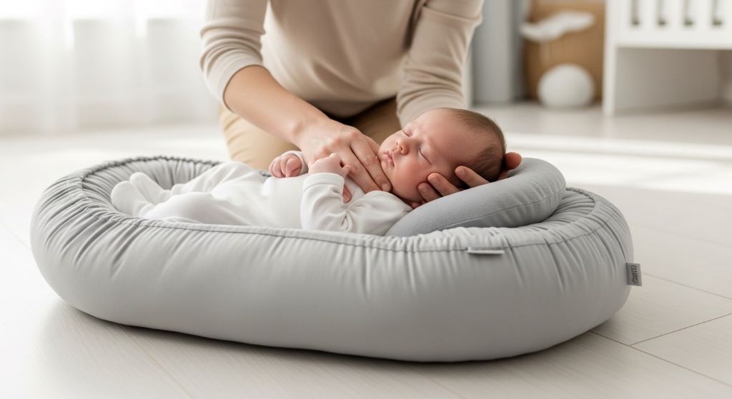 Parent placing infant in ergonomic baby lounger with raised edges showing proper positioning and head support for newborn safety