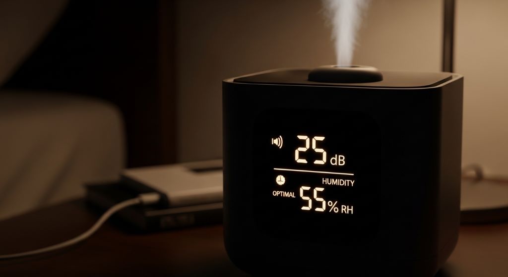 Close-up of silent bedroom humidifier display showing low decibel reading and optimal humidity level in dark room setting for nighttime use