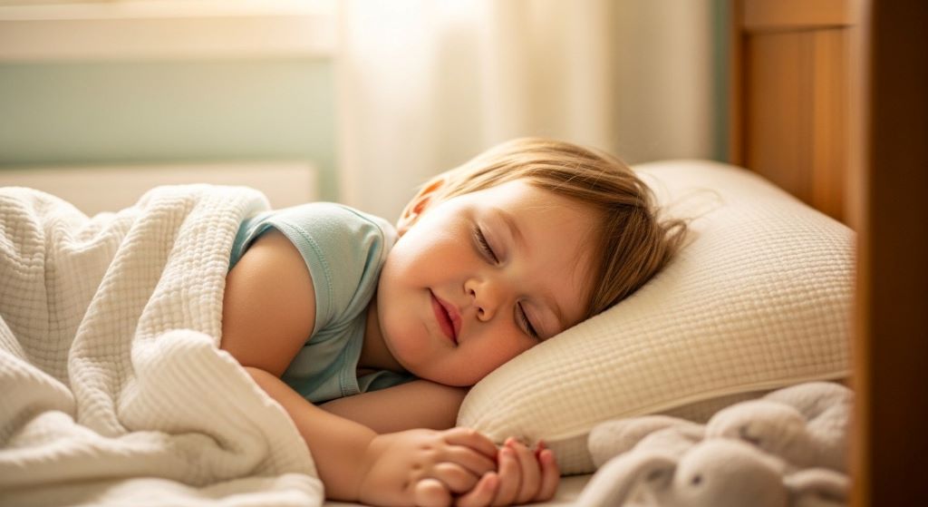 Young toddler sleeping peacefully on a natural pillow made from chemical-free materials in a cozy bedroom setting