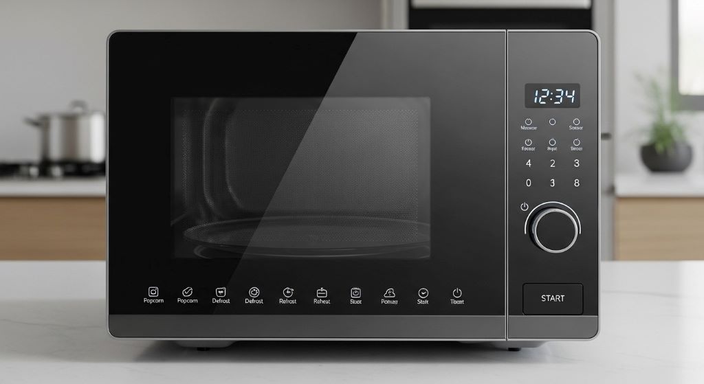 Compact microwave oven with touch controls and sleek contemporary design
