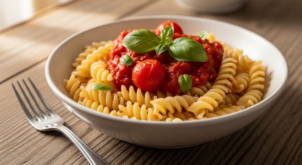 Bowl of perfectly cooked gluten-free pasta topped with fresh tomato sauce and basil leaves on rustic wooden table with fork beside plate