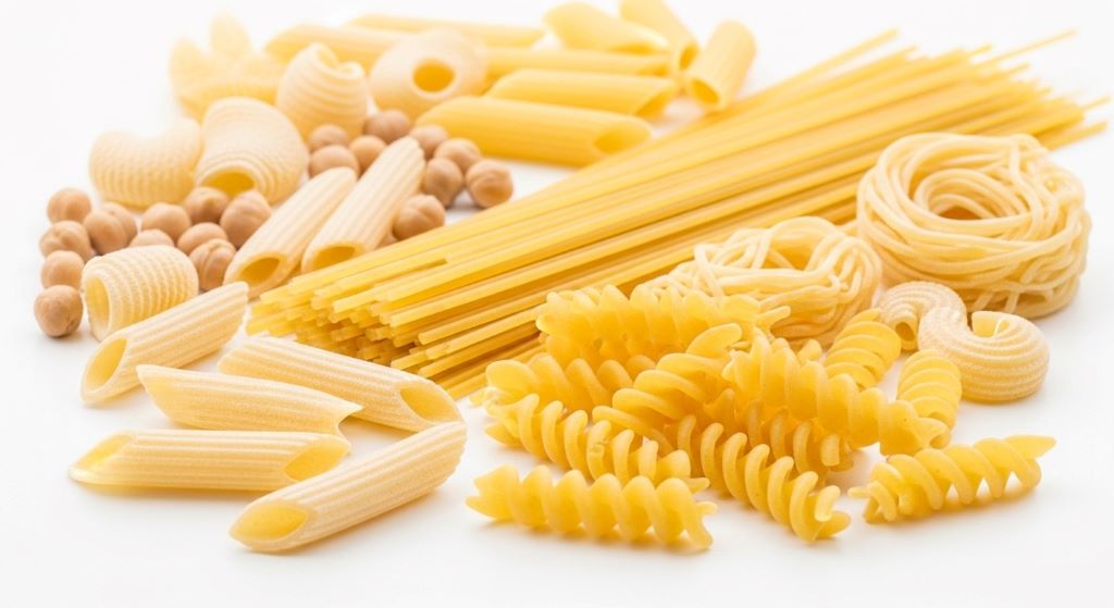 Variety of uncooked gluten-free pasta shapes including penne, spaghetti, and fusilli made from rice, chickpeas, and corn displayed on white background