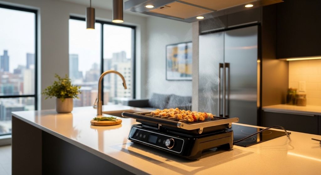 Smoke-free indoor grilling with electric contact grill in modern apartment kitchen