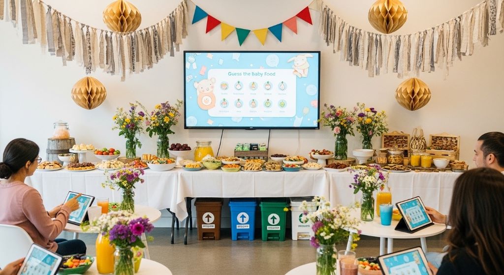 Sustainable baby shower setup with digital games and zero waste decorations made from repurposed materials
