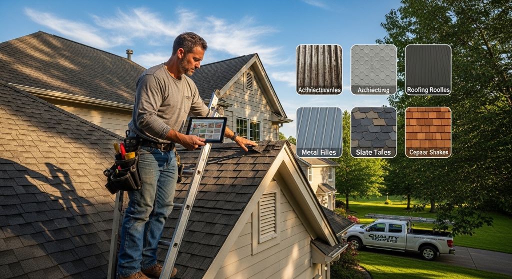 A roofing contractor examining residential roofing solutions on a suburban home, assessing material quality and installation on a sunny day