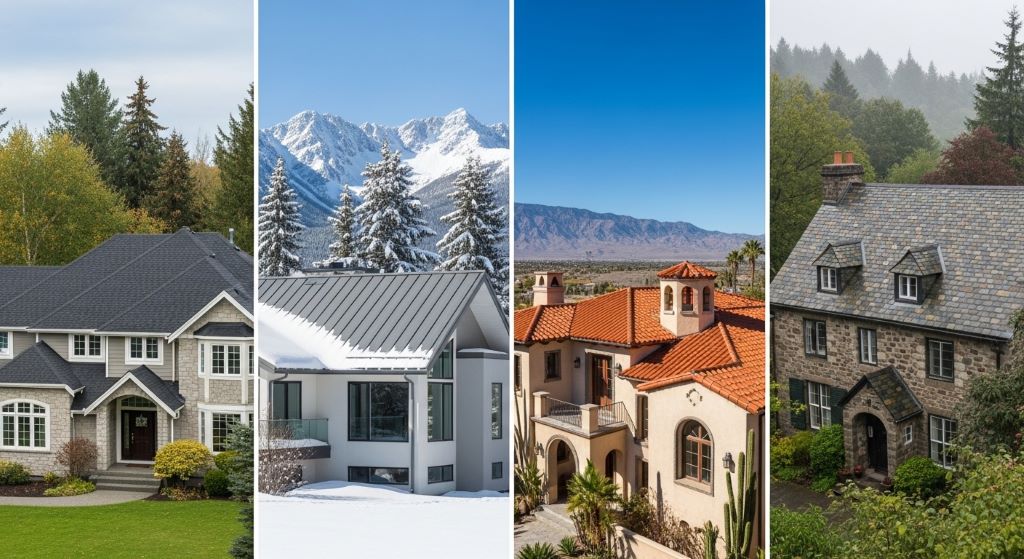 A side-by-side comparison of common roof types including asphalt shingles, metal panels, clay tiles, and slate on residential homes in different climates