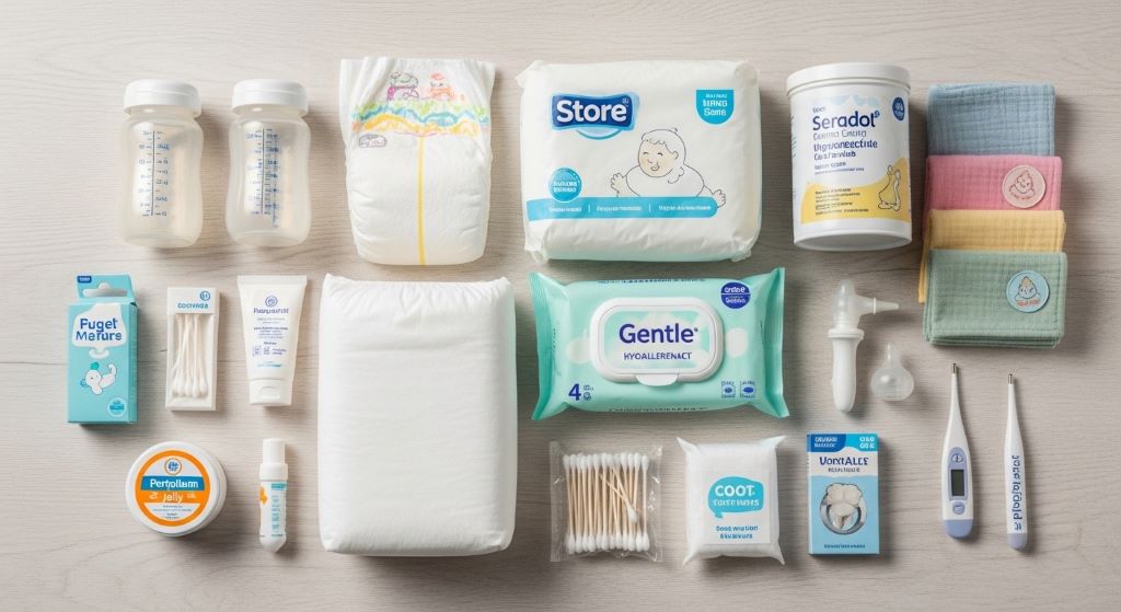 Budget-friendly newborn care items including diapers and feeding supplies"