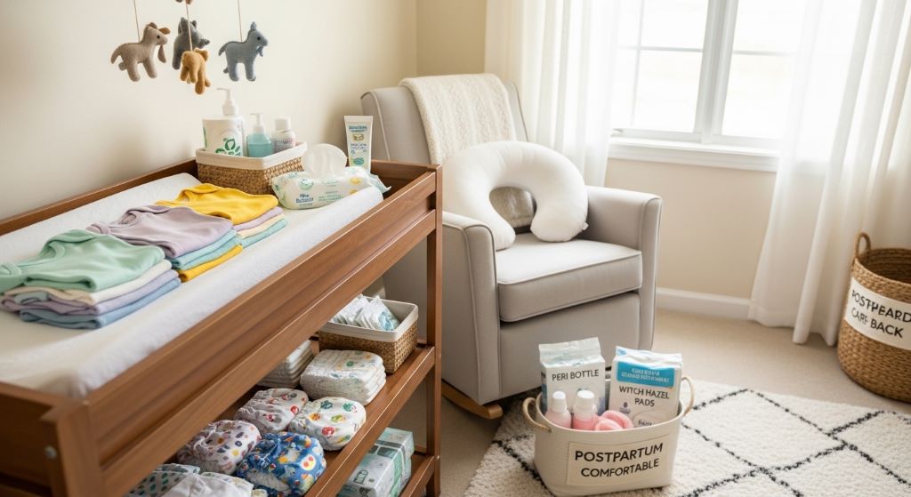 Affordable baby essentials and postpartum care supplies organized in nursery