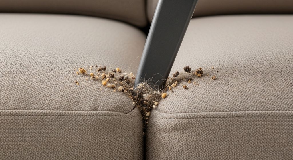 Close-up of a handheld vacuum crevice tool cleaning the seam between sofa cushions, removing crumbs and pet hair