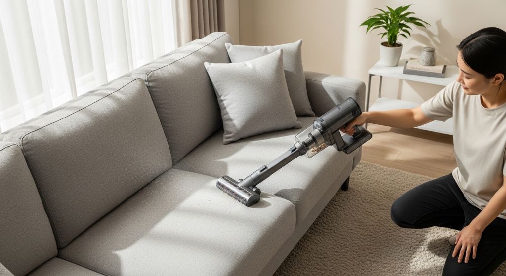 A person using a handheld cordless vacuum with an upholstery attachment to clean a gray fabric sofa in a bright living room