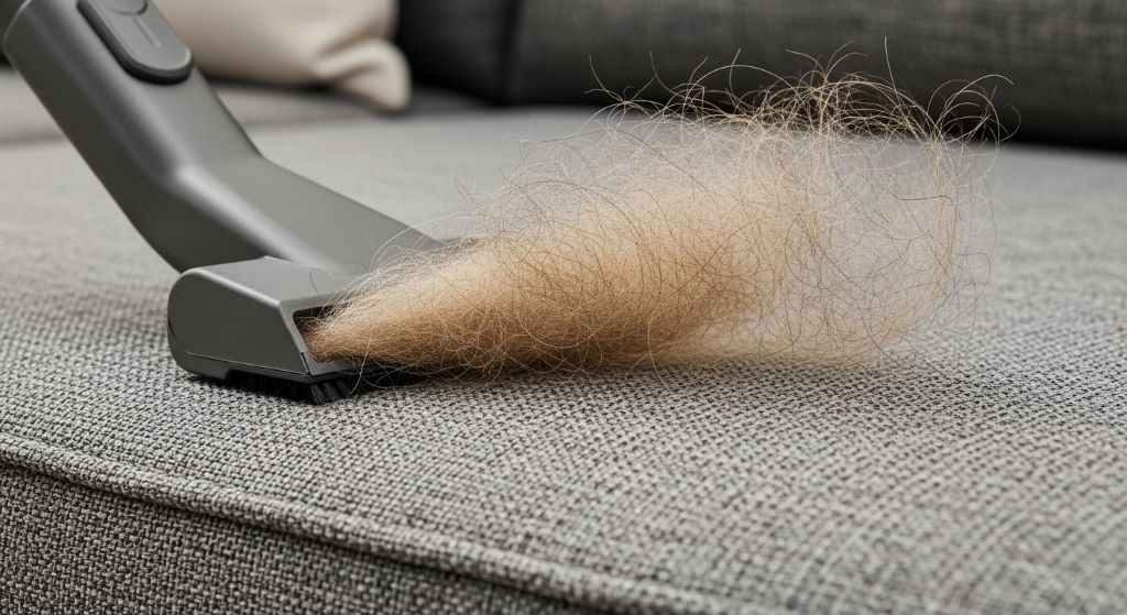 Close-up of a vacuum attachment collecting pet hair from a gray sofa during a pet mess cleanup session