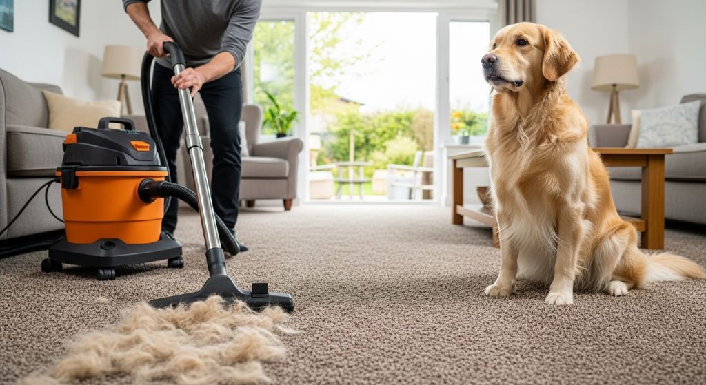 A person using a strong suction cleaner on a carpet covered in dog hair, with a golden retriever sitting nearby