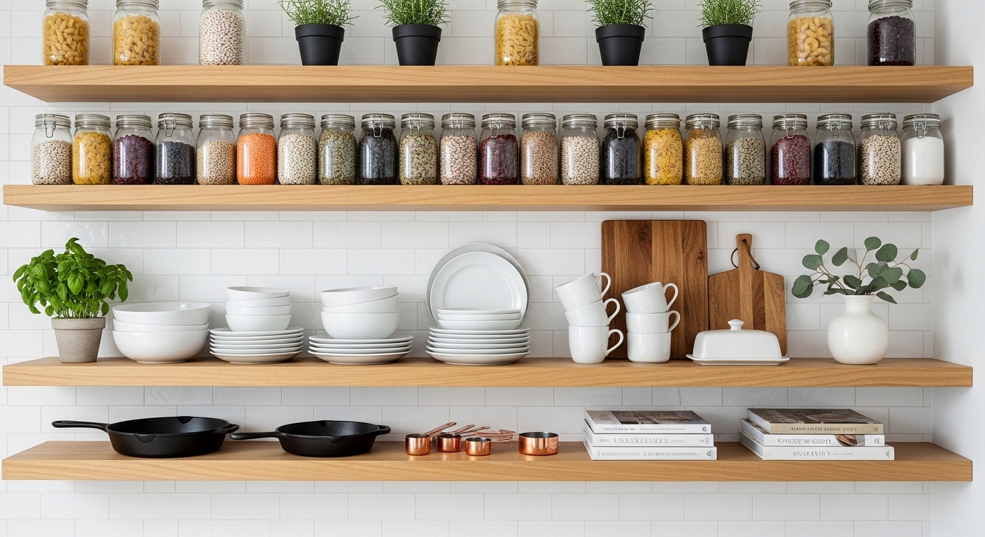 How do interior designers style open kitchen shelves step by step