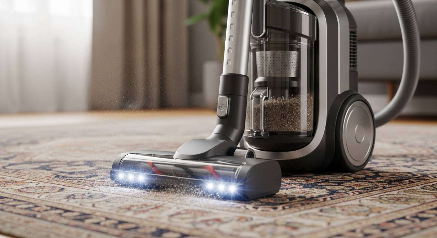 upright vacuum removing hidden dust from living room rug