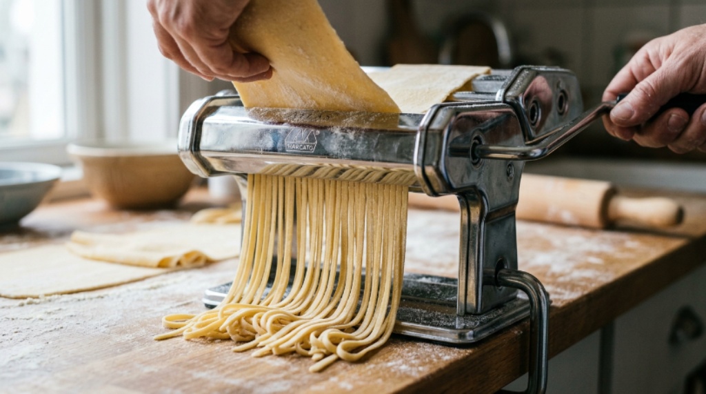Close-up of a stainless steel cheap pasta roller attachment cutting even strands of fresh homemade pasta