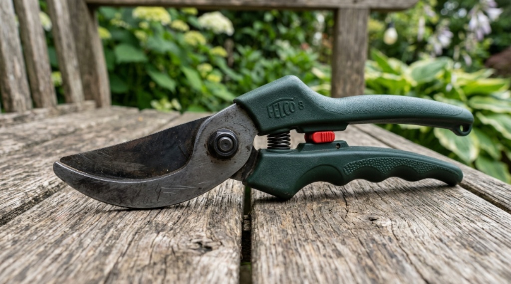 Close-up of high-carbon steel garden shear blades with ergonomic grip handles resting on a wooden garden bench