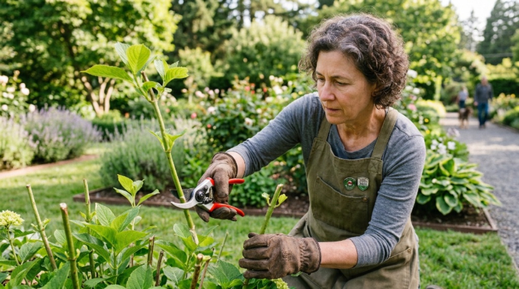 Gardener using top rated bypass pruning shears to cut a green shrub stem in a well-maintained garden in 2026