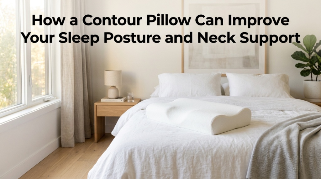 Ergonomic contour pillow on a bed with morning light, showing text overlay about sleep posture and neck support.