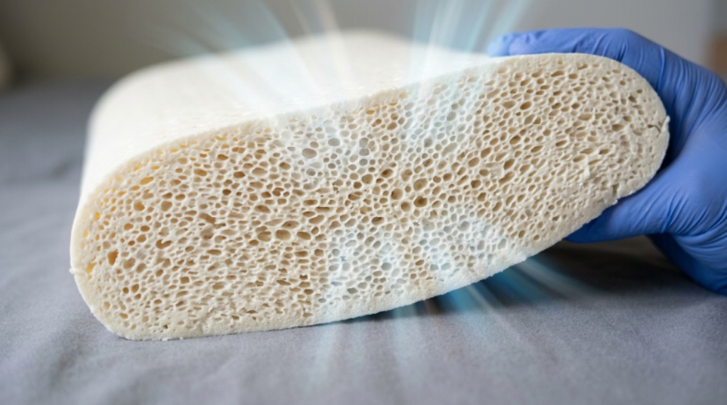 Close-up of a Talalay latex pillow cross-section revealing open-cell airflow structure for cooling comfort