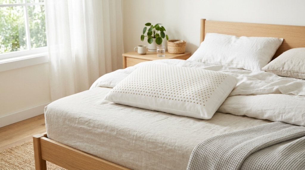 A white latex pillow with ventilation holes on a light linen bed, showing a fresh and breathable sleep setup