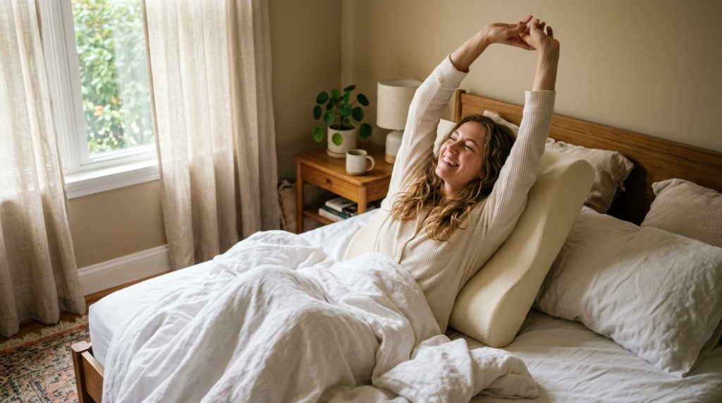 A relaxed person waking up refreshed in bed without pain, resting on a supportive cervical contour pillow.