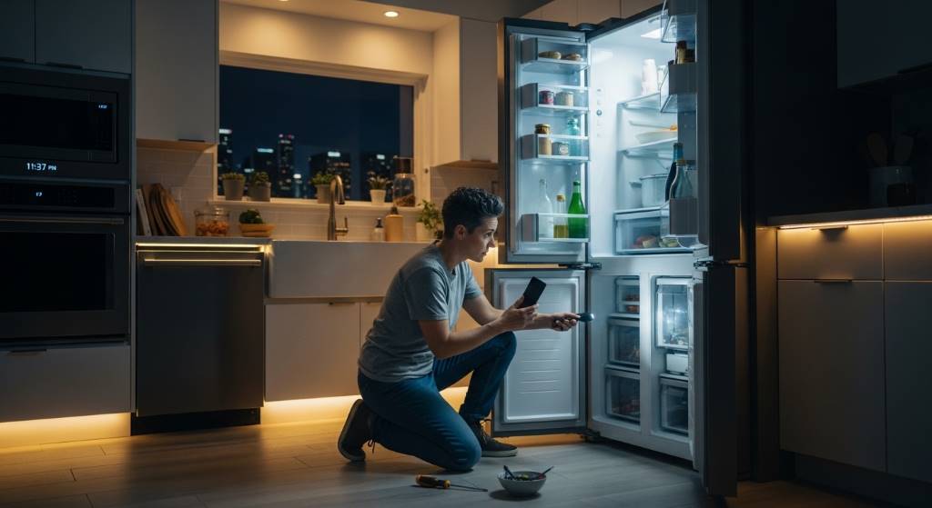 Technician diagnosing loud refrigerator noise in Los Angeles kitchen