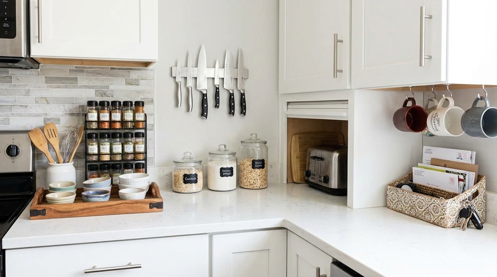 organized kitchen countertop with tray and jars