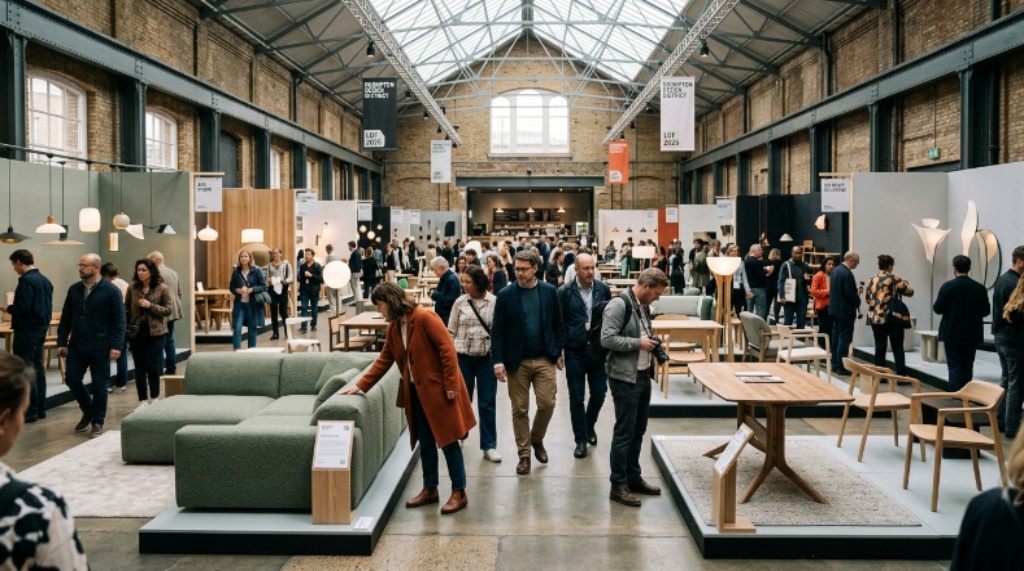 Open showroom and furniture exhibition in the Brompton Design District with visitors browsing contemporary design pieces during LDF 2026 September