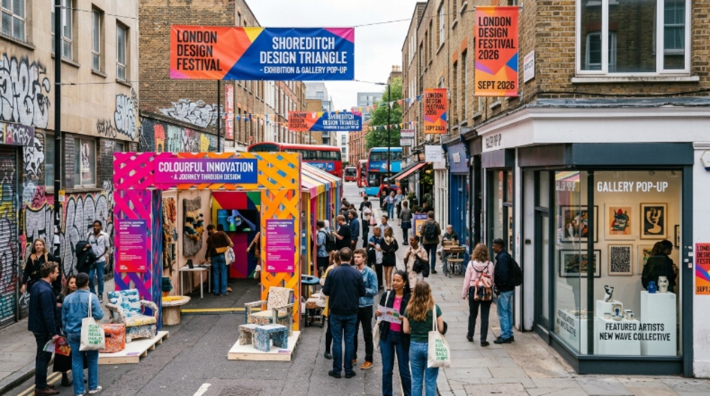 Colourful street-level design exhibition and gallery pop-up in the Shoreditch Design Triangle as part of London Design Festival 2026