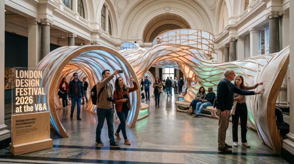 Visitors exploring large-scale design installations at the Victoria and Albert Museum during London Design Festival 2026 in South Kensington